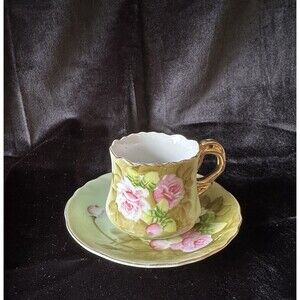 Lefton China Hand Painted Heritage Rose Teacup and Saucer Set With Gold Trim